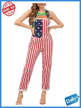 Women's Patriotic Flag Print Overalls Cotton Stretch Adjustable Straps Pockets